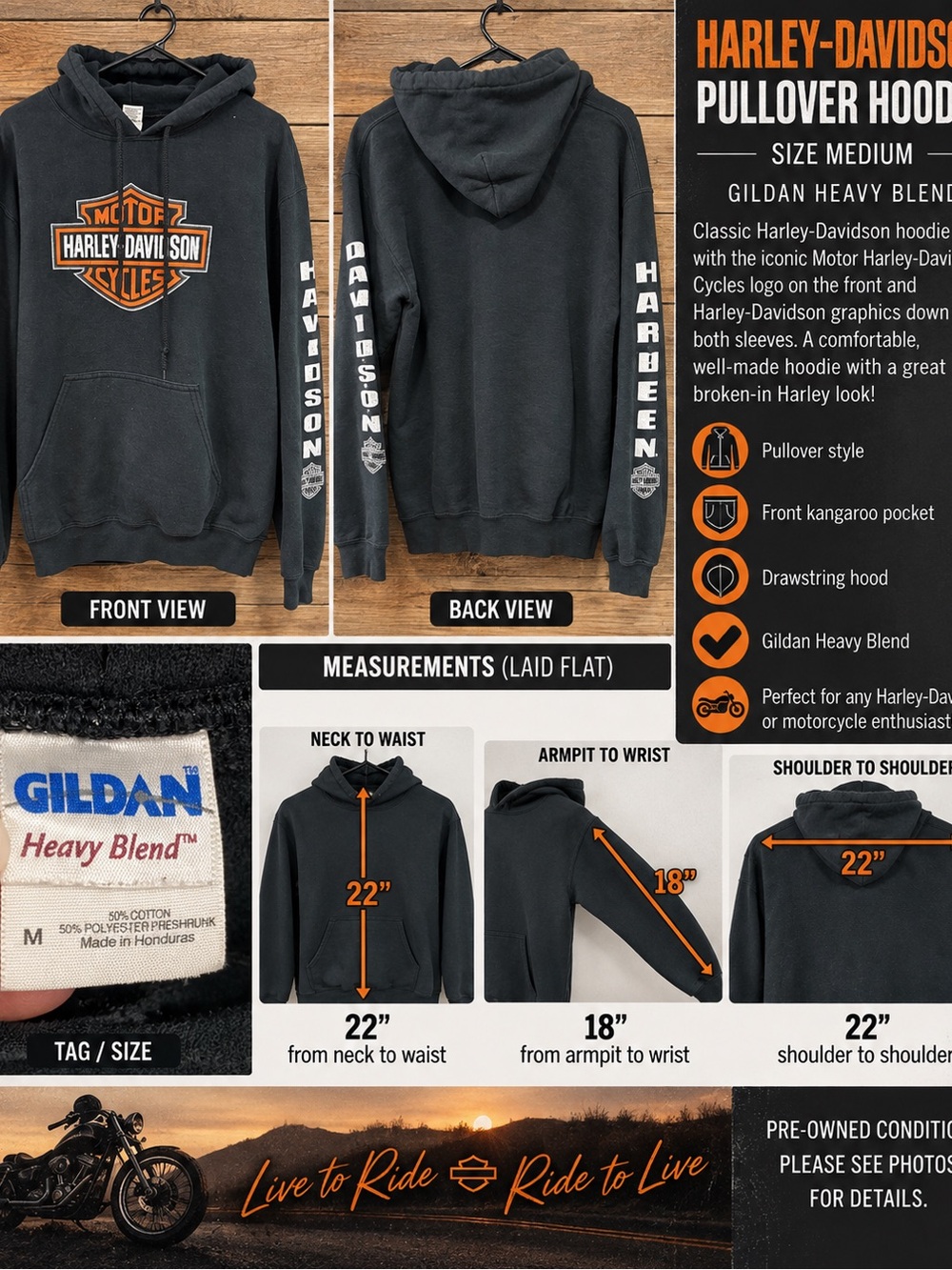 Gildan Black Harley-Davidson Pullover Hoodie with Orange Logo
